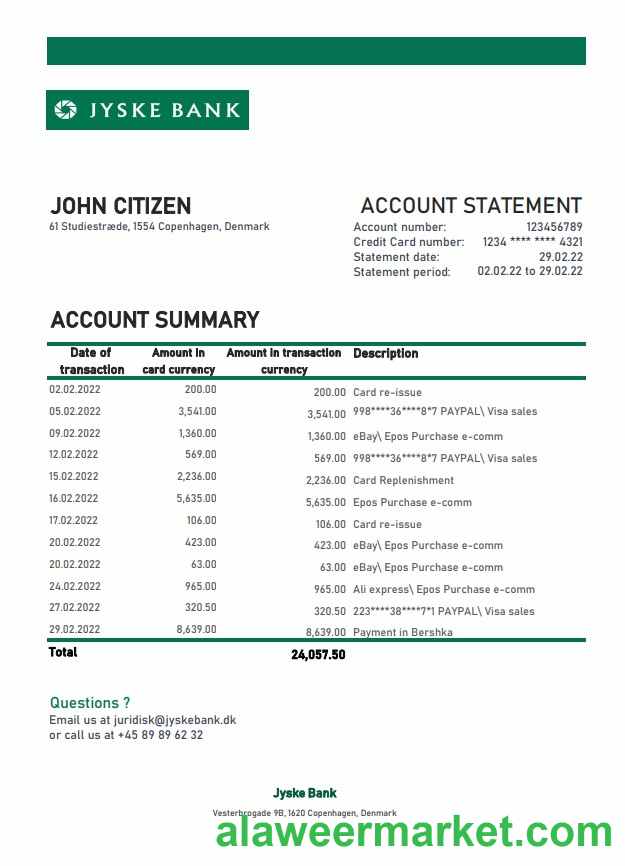 Denmark Jyske bank statement xls